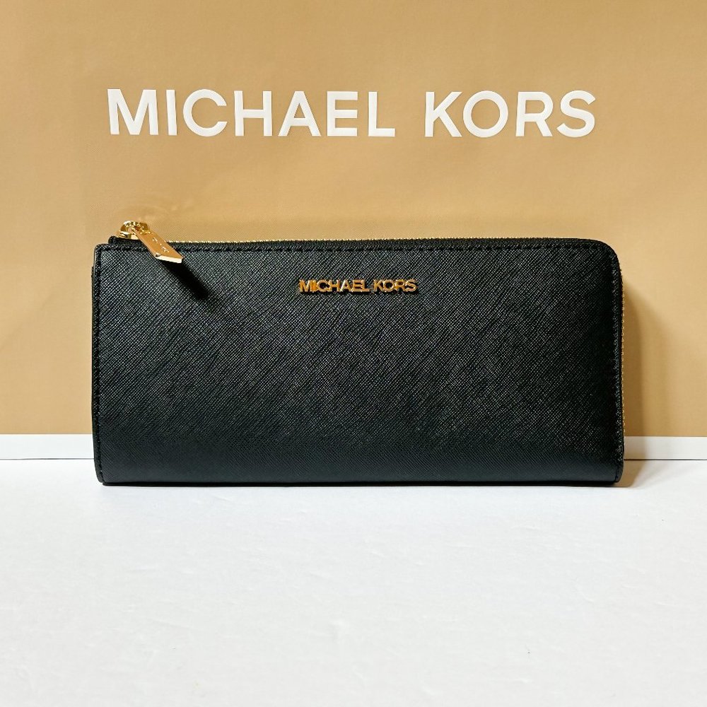 Michael Kors Jet Set Travel Large Three Quarter Zip Leather Wallet Black - Picture 1 of 9
